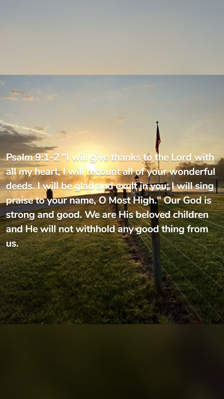 Psalm 9:1-2 "I will give thanks to the Lord with all my heart; I will recount all of your wonderful deeds. I will be glad and exult in you; I will sing praise to your name, O Most High." Our God is strong and good. We are His beloved children and He will not withhold any good thing from us.