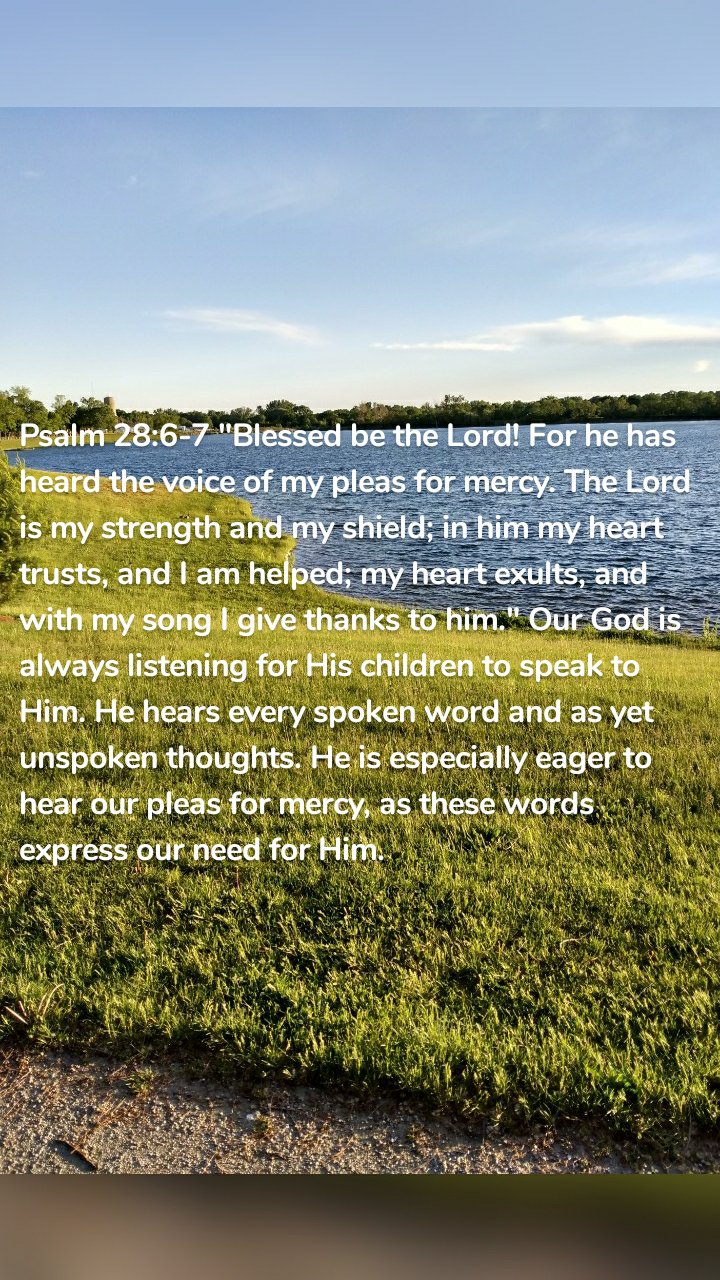 Psalm 28:6-7 "Blessed be the Lord! For he has heard the voice of my pleas for mercy. The Lord is my strength and my shield; in him my heart trusts, and I am helped; my heart exults, and with my song I give thanks to him." Our God is always listening for His children to speak to Him. He hears every spoken word and as yet unspoken thoughts. He is especially eager to hear our pleas for mercy, as these words express our need for Him. 