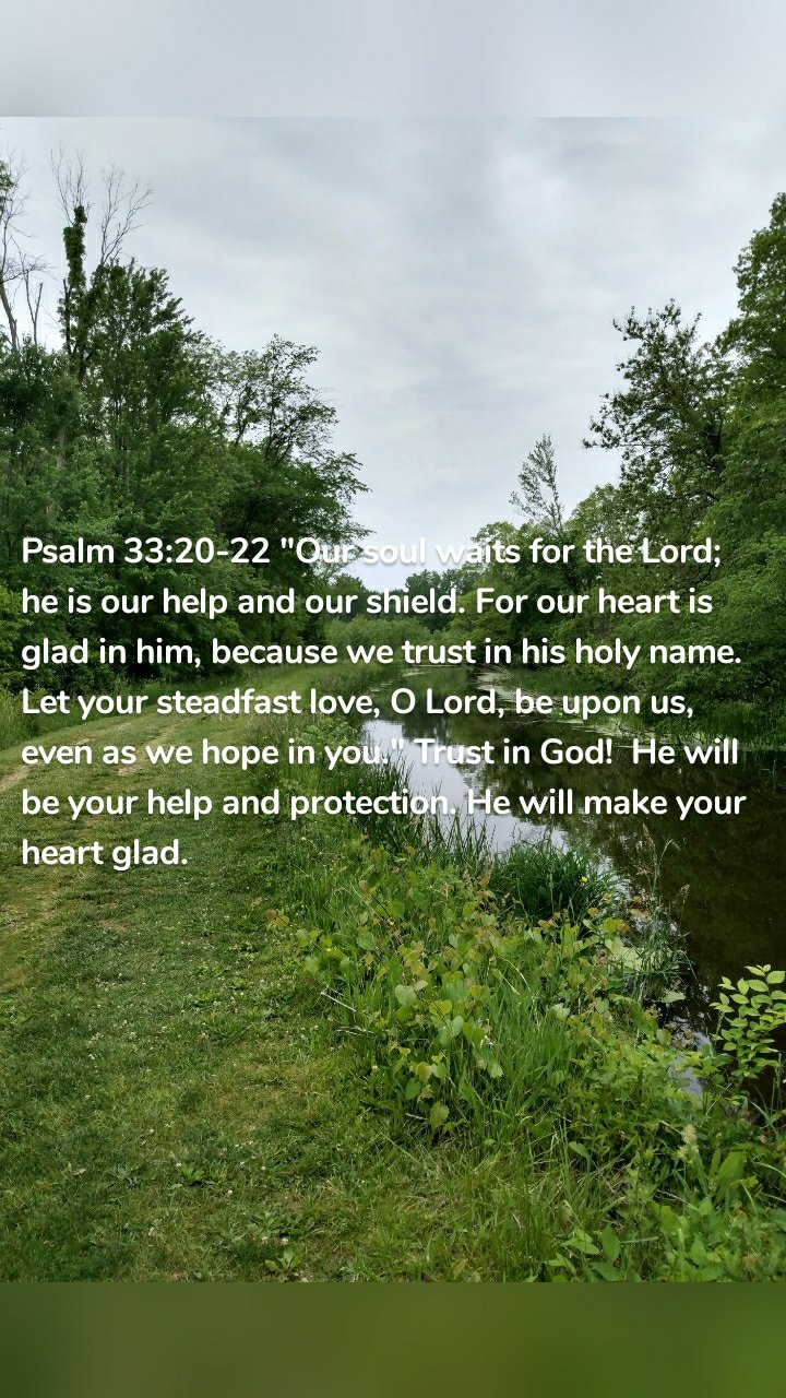 Psalm 33:20-22 "Our soul waits for the Lord; he is our help and our shield. For our heart is glad in him, because we trust in his holy name. Let your steadfast love, O Lord, be upon us, even as we hope in you." Trust in God!  He will be your help and protection. He will make your heart glad. 