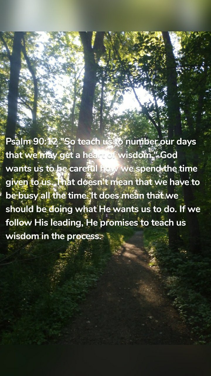 Psalm 90:12 "So teach us to number our days that we may get a heart of wisdom." God wants us to be careful how we spend the time given to us. That doesn't mean that we have to be busy all the time. It does mean that we should be doing what He wants us to do. If we follow His leading, He promises to teach us wisdom in the process.