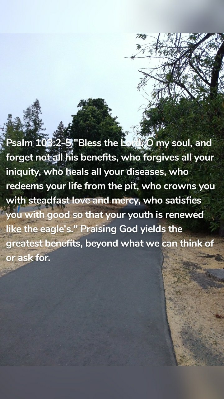 Psalm 103:2-5 "Bless the Lord, O my soul, and forget not all his benefits, who forgives all your iniquity, who heals all your diseases, who redeems your life from the pit, who crowns you with steadfast love and mercy, who satisfies you with good so that your youth is renewed like the eagle's." Praising God yields the greatest benefits, beyond what we can think of or ask for. 