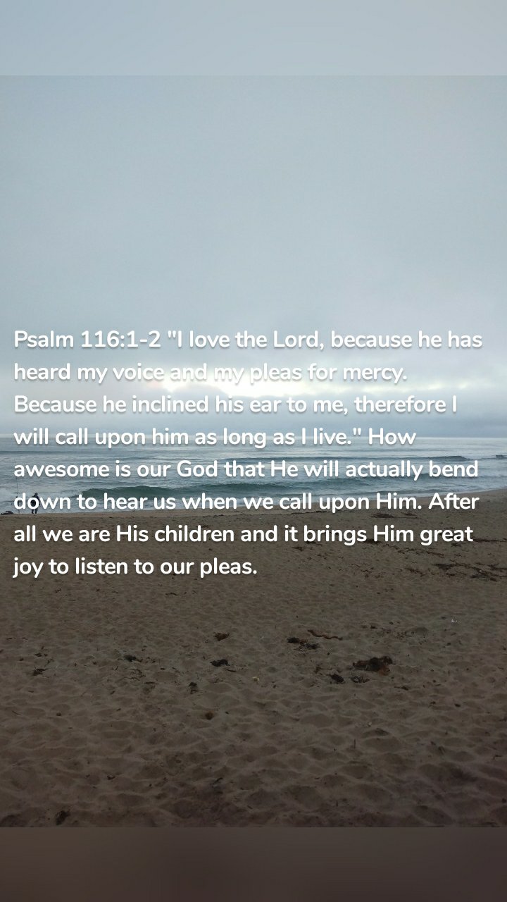 Psalm 116:1-2 "I love the Lord, because he has heard my voice and my pleas for mercy. Because he inclined his ear to me, therefore I will call upon him as long as I live." How awesome is our God that He will actually bend down to hear us when we call upon Him. After all we are His children and it brings Him great joy to listen to our pleas.