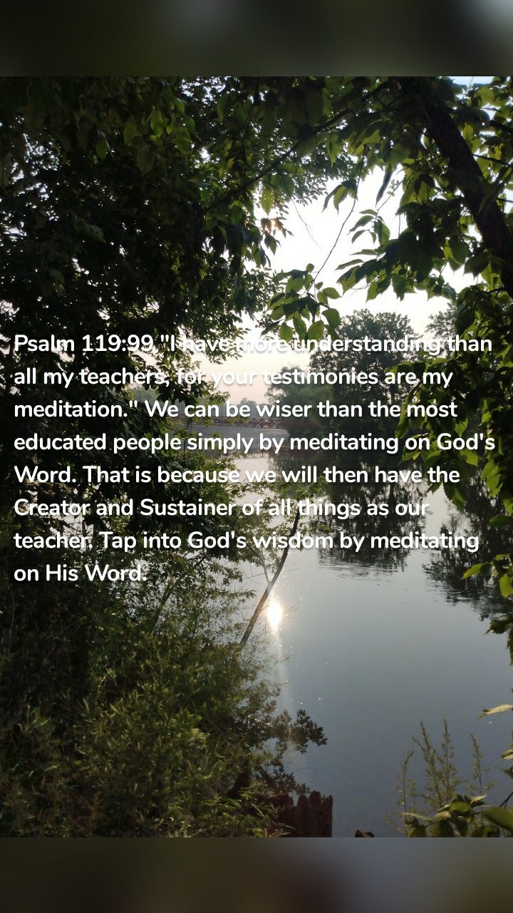 Psalm 119:99 "I have more understanding than all my teachers, for your testimonies are my meditation." We can be wiser than the most educated people simply by meditating on God's Word. That is because we will then have the Creator and Sustainer of all things as our teacher. Tap into God's wisdom by meditating on His Word. 