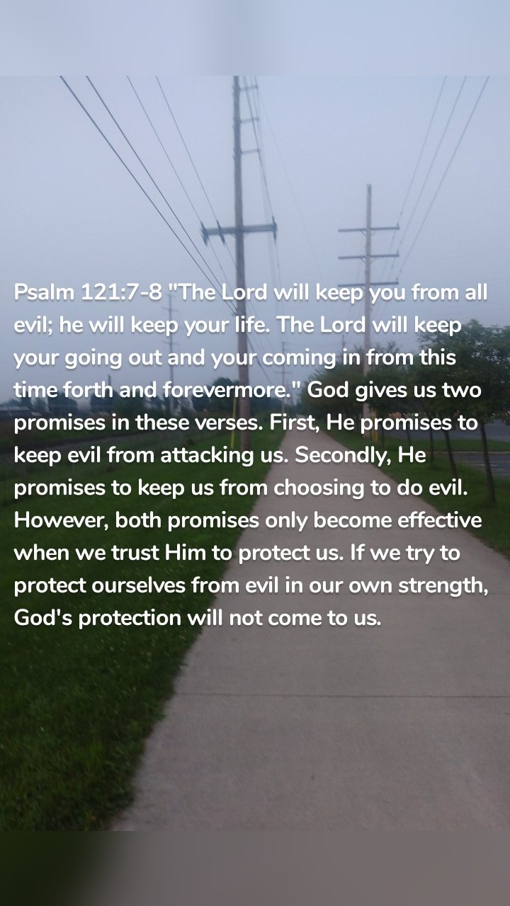 Psalm 121:7-8 "The Lord will keep you from all evil; he will keep your life. The Lord will keep your going out and your coming in from this time forth and forevermore." God gives us two promises in these verses. First, He promises to keep evil from attacking us. Secondly, He promises to keep us from choosing to do evil. However, both promises only become effective when we trust Him to protect us. If we try to protect ourselves from evil in our own strength, God's protection will not come to us. 