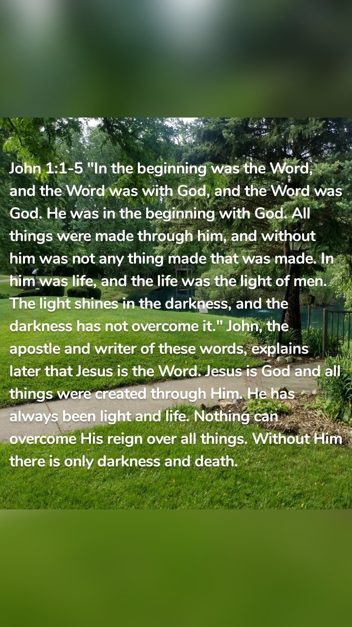 John 1:1-5 "In the beginning was the Word, and the Word was with God, and the Word was God. He was in the beginning with God. All things were made through him, and without him was not any thing made that was made. In him was life, and the life was the light of men. The light shines in the darkness, and the darkness has not overcome it." John, the apostle and writer of these words, explains later that Jesus is the Word. Jesus is God and all things were created through Him. He has always been light and life. Nothing can overcome His reign over all things. Without Him there is only darkness and death.
