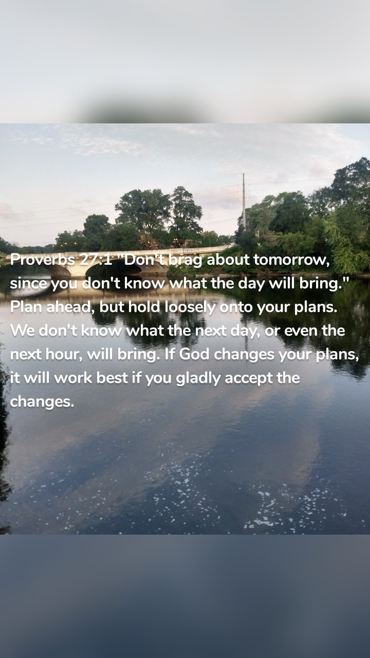 Proverbs 27:1 "Don't brag about tomorrow, since you don't know what the day will bring." Plan ahead, but hold loosely onto your plans. We don't know what the next day, or even the next hour, will bring. If God changes your plans, it will work best if you gladly accept the changes.