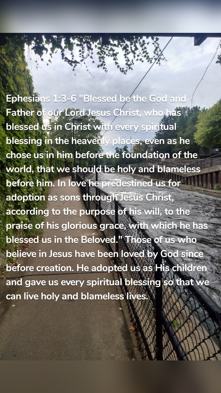Ephesians 1:3-6 "Blessed be the God and Father of our Lord Jesus Christ, who has blessed us in Christ with every spiritual blessing in the heavenly places, even as he chose us in him before the foundation of the world, that we should be holy and blameless before him. In love he predestined us for adoption as sons through Jesus Christ, according to the purpose of his will, to the praise of his glorious grace, with which he has blessed us in the Beloved." Those of us who believe in Jesus have been loved by God since before creation. He adopted us as His children and gave us every spiritual blessing so that we can live holy and blameless lives. 