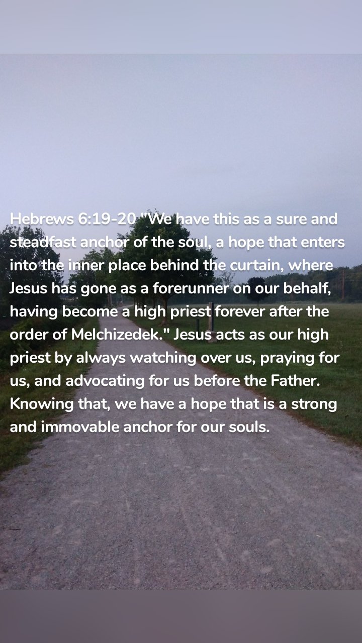 Hebrews 6:19-20 "We have this as a sure and steadfast anchor of the soul, a hope that enters into the inner place behind the curtain, where Jesus has gone as a forerunner on our behalf, having become a high priest forever after the order of Melchizedek." Jesus acts as our high priest by always watching over us, praying for us, and advocating for us before the Father. Knowing that, we have a hope that is a strong and immovable anchor for our souls. 