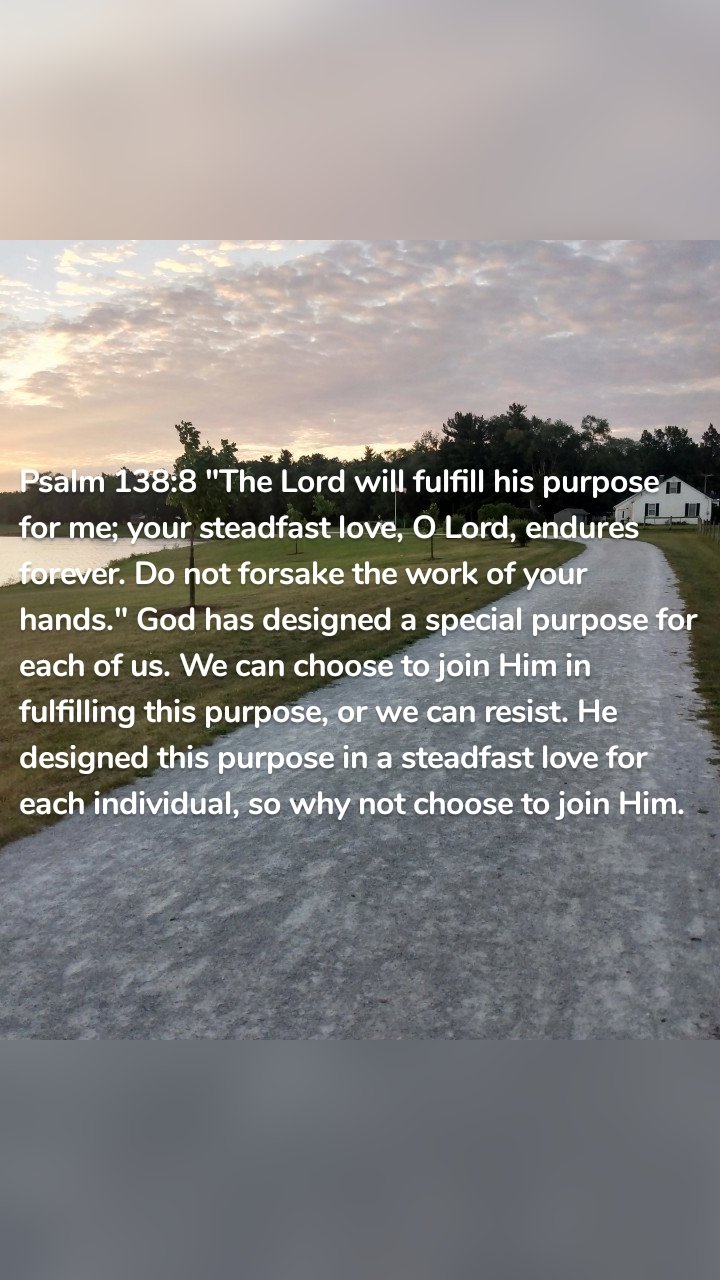 Psalm 138:8 "The Lord will fulfill his purpose for me; your steadfast love, O Lord, endures forever. Do not forsake the work of your hands." God has designed a special purpose for each of us. We can choose to join Him in fulfilling this purpose, or we can resist. He designed this purpose in a steadfast love for each individual, so why not choose to join Him.