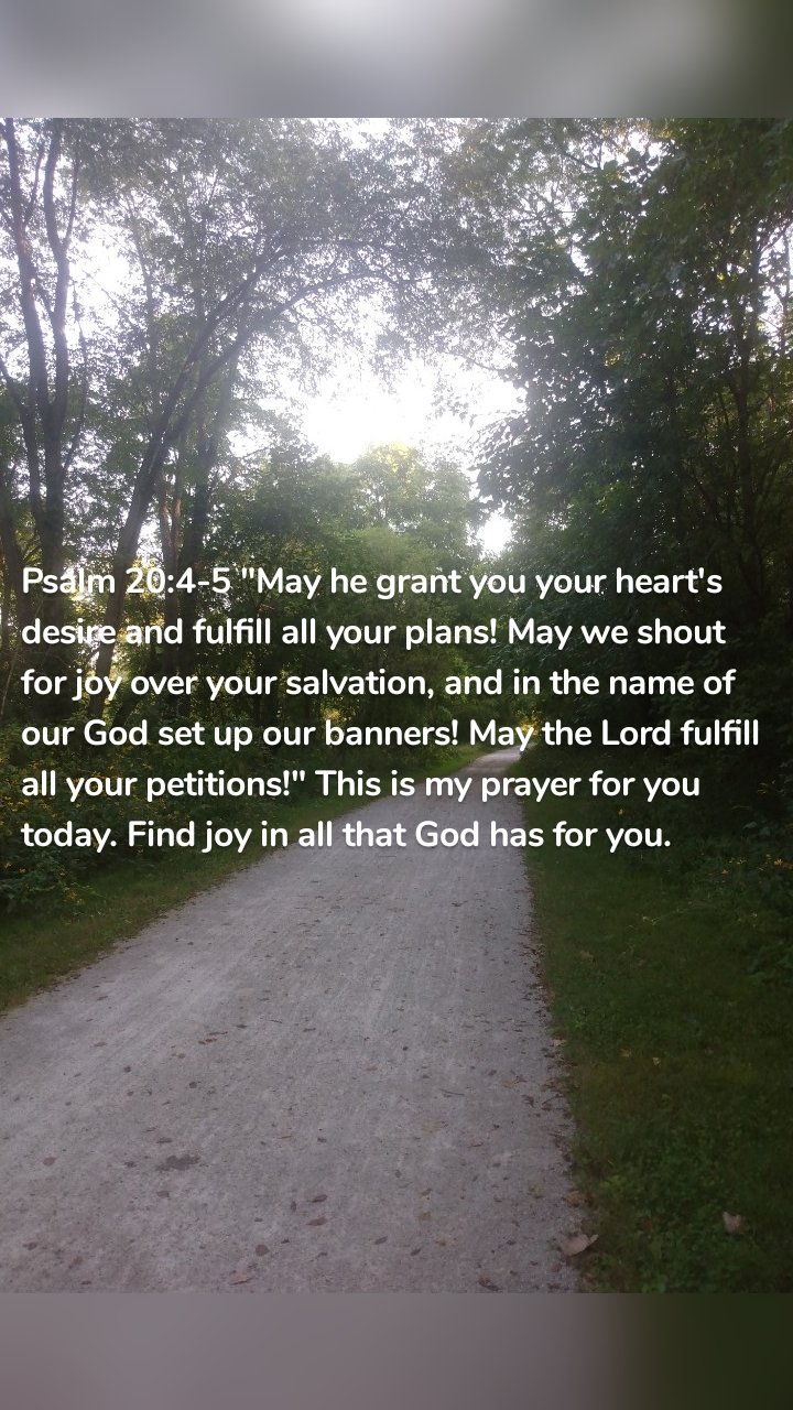 Psalm 20:4-5 "May he grant you your heart's desire and fulfill all your plans! May we shout for joy over your salvation, and in the name of our God set up our banners! May the Lord fulfill all your petitions!" This is my prayer for you today. Find joy in all that God has for you. 