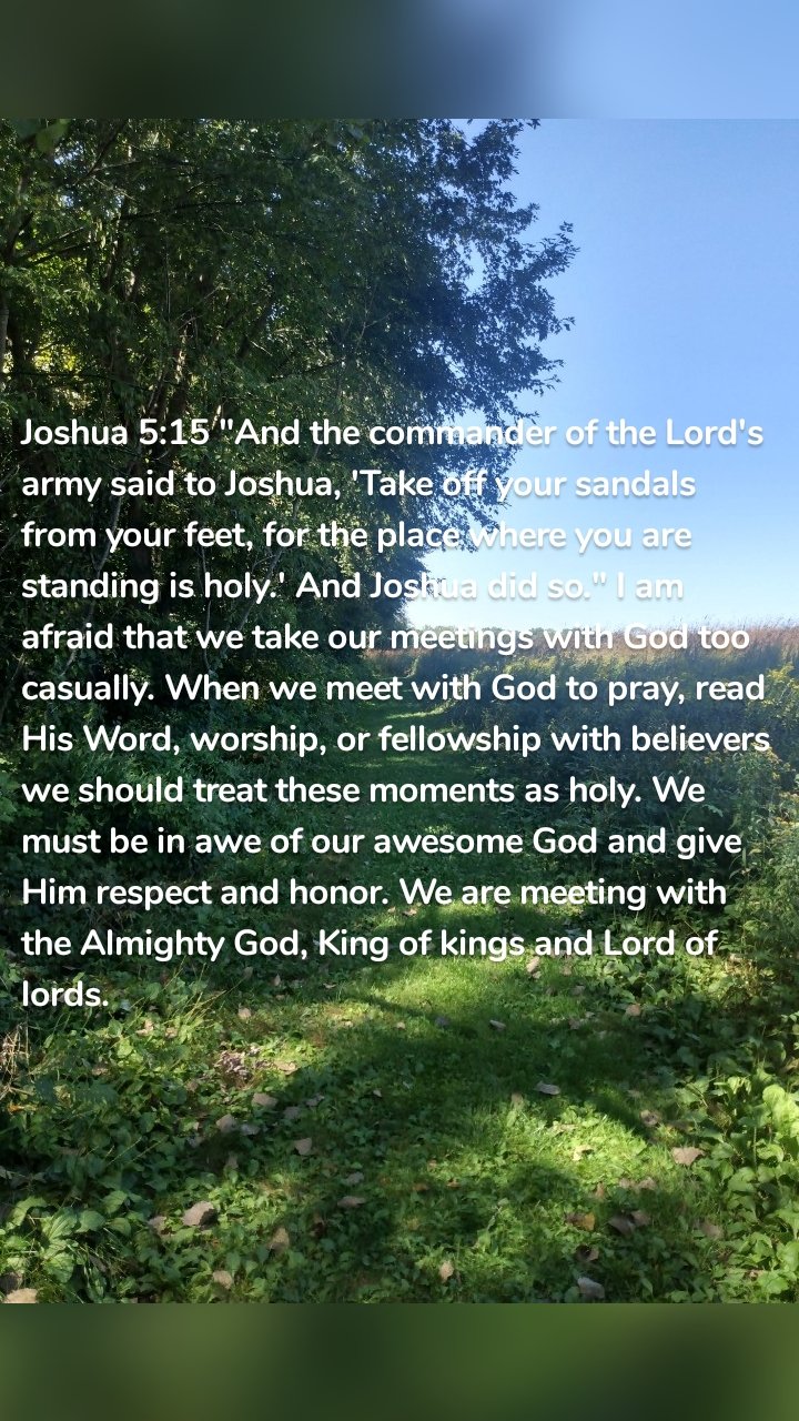 Joshua 5:15 "And the commander of the Lord's army said to Joshua, 'Take off your sandals from your feet, for the place where you are standing is holy.' And Joshua did so." I am afraid that we take our meetings with God too casually. When we meet with God to pray, read His Word, worship, or fellowship with believers we should treat these moments as holy. We must be in awe of our awesome God and give Him respect and honor. We are meeting with the Almighty God, King of kings and Lord of lords. 