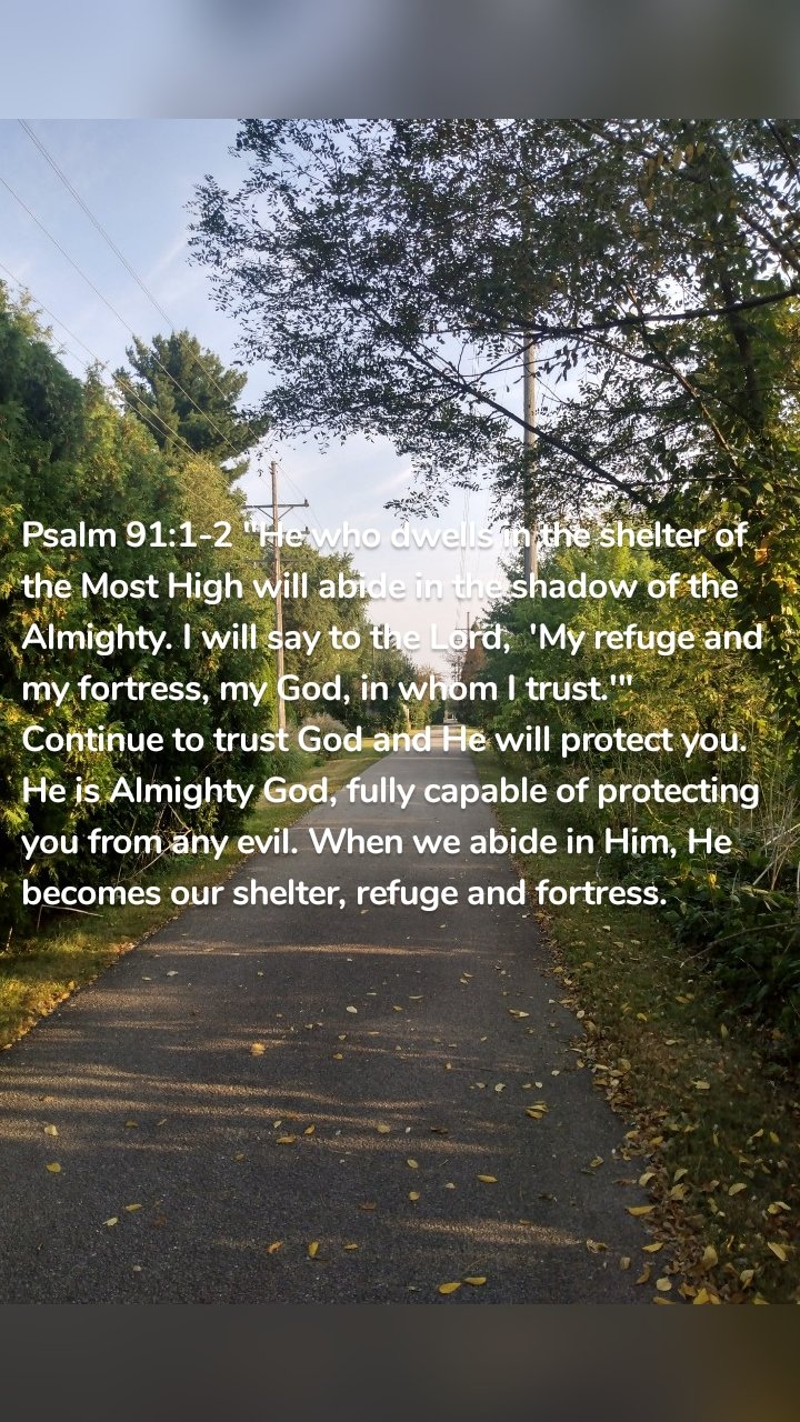 Psalm 91:1-2 "He who dwells in the shelter of the Most High will abide in the shadow of the Almighty. I will say to the Lord,  'My refuge and my fortress, my God, in whom I trust.'" Continue to trust God and He will protect you. He is Almighty God, fully capable of protecting you from any evil. When we abide in Him, He becomes our shelter, refuge and fortress. 
