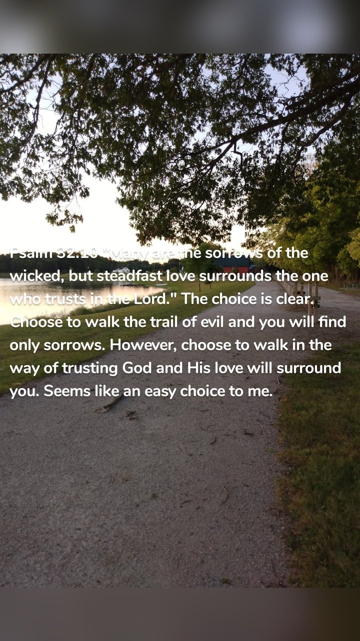 Psalm 32:10 "Many are the sorrows of the wicked, but steadfast love surrounds the one who trusts in the Lord." The choice is clear. Choose to walk the trail of evil and you will find only sorrows. However, choose to walk in the way of trusting God and His love will surround you. Seems like an easy choice to me.