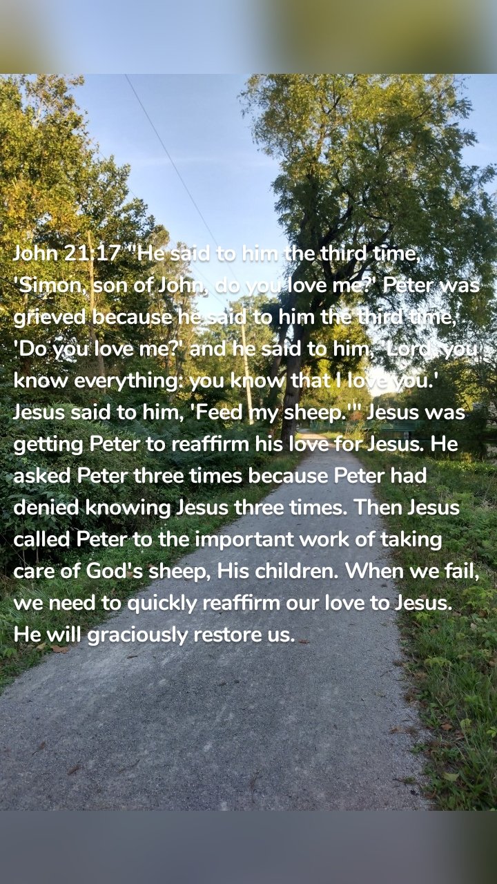 John 21:17 "He said to him the third time, 'Simon, son of John, do you love me?' Peter was grieved because he said to him the third time, 'Do you love me?' and he said to him, 'Lord, you know everything: you know that I love you.' Jesus said to him, 'Feed my sheep.'" Jesus was getting Peter to reaffirm his love for Jesus. He asked Peter three times because Peter had denied knowing Jesus three times. Then Jesus called Peter to the important work of taking care of God's sheep, His children. When we fail, we need to quickly reaffirm our love to Jesus. He will graciously restore us.