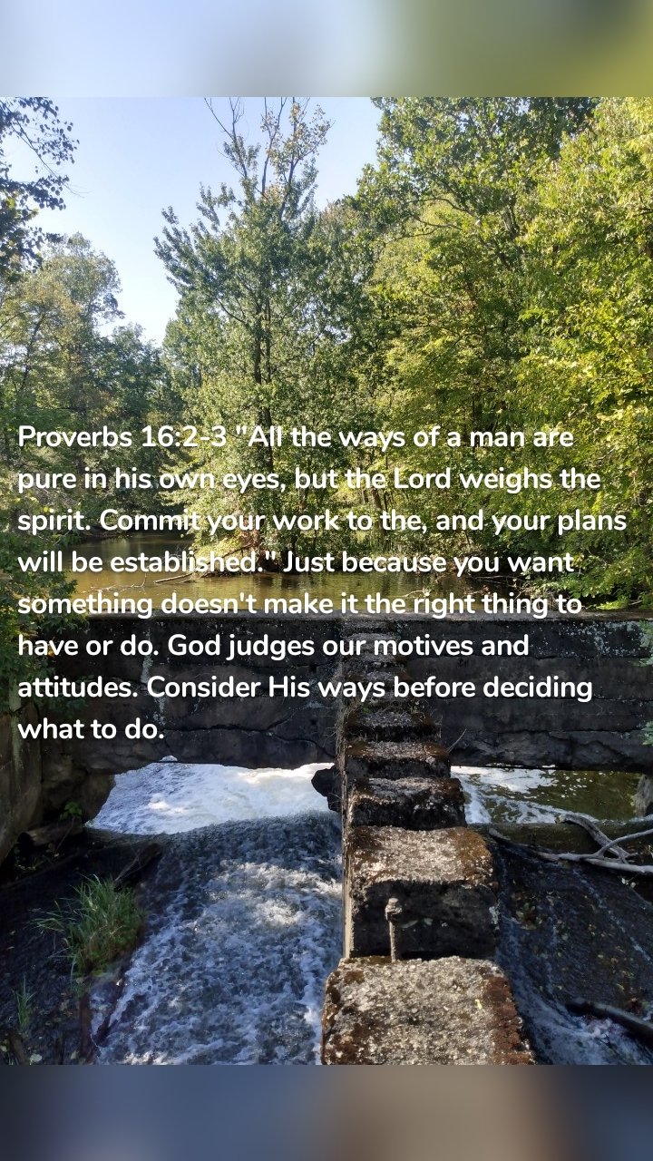 Proverbs 16:2-3 "All the ways of a man are pure in his own eyes, but the Lord weighs the spirit. Commit your work to the, and your plans will be established." Just because you want something doesn't make it the right thing to have or do. God judges our motives and attitudes. Consider His ways before deciding what to do.