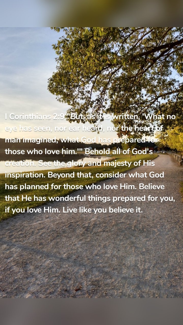 I Corinthians 2:9 "But, as it is written, 'What no eye has seen, nor ear heard, nor the heart of man imagined, what God has prepared for those who love him.'" Behold all of God's creation. See the glory and majesty of His inspiration. Beyond that, consider what God has planned for those who love Him. Believe that He has wonderful things prepared for you, if you love Him. Live like you believe it.