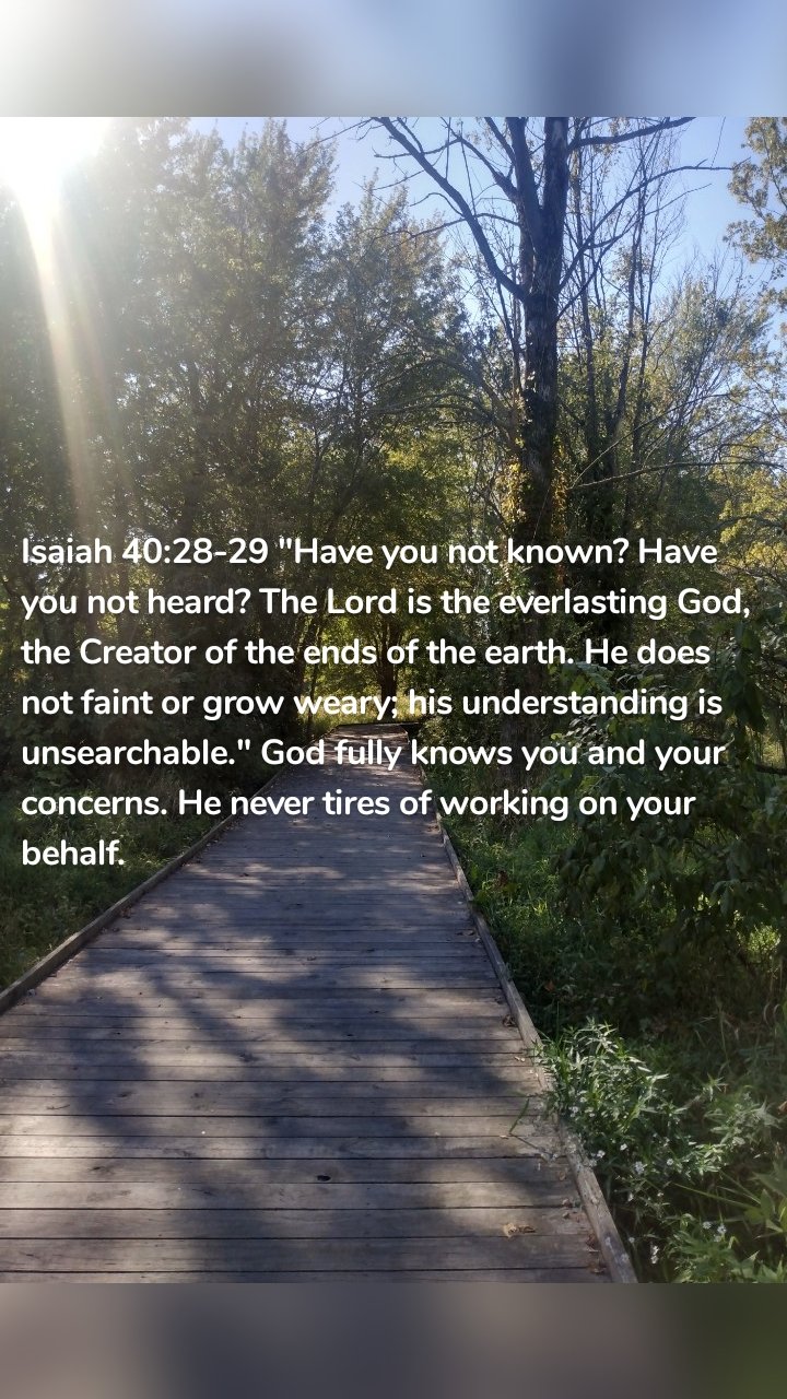 Isaiah 40:28-29 "Have you not known? Have you not heard? The Lord is the everlasting God, the Creator of the ends of the earth. He does not faint or grow weary; his understanding is unsearchable." God fully knows you and your concerns. He never tires of working on your behalf.