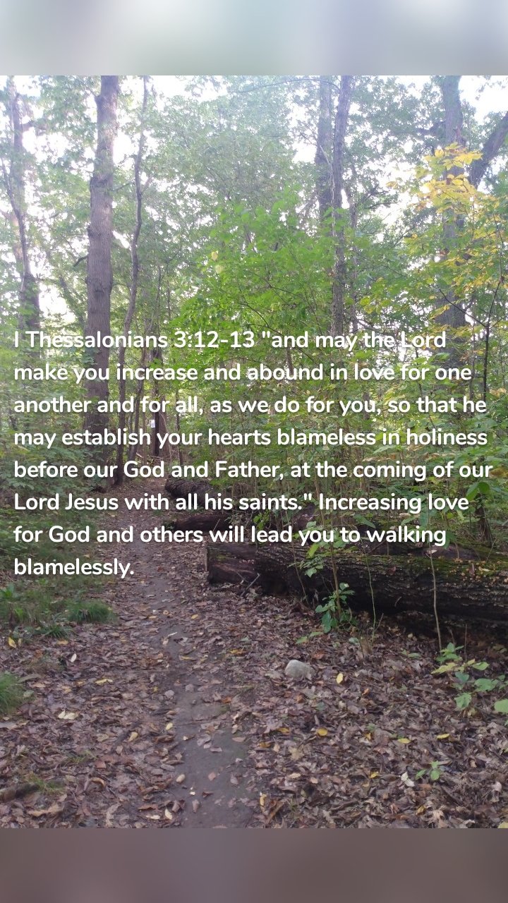 I Thessalonians 3:12-13 "and may the Lord make you increase and abound in love for one another and for all, as we do for you, so that he may establish your hearts blameless in holiness before our God and Father, at the coming of our Lord Jesus with all his saints." Increasing love for God and others will lead you to walking blamelessly.
