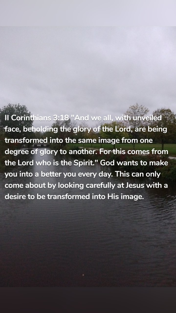 II Corinthians 3:18 "And we all, with unveiled face, beholding the glory of the Lord, are being transformed into the same image from one degree of glory to another. For this comes from the Lord who is the Spirit." God wants to make you into a better you every day. This can only come about by looking carefully at Jesus with a desire to be transformed into His image.