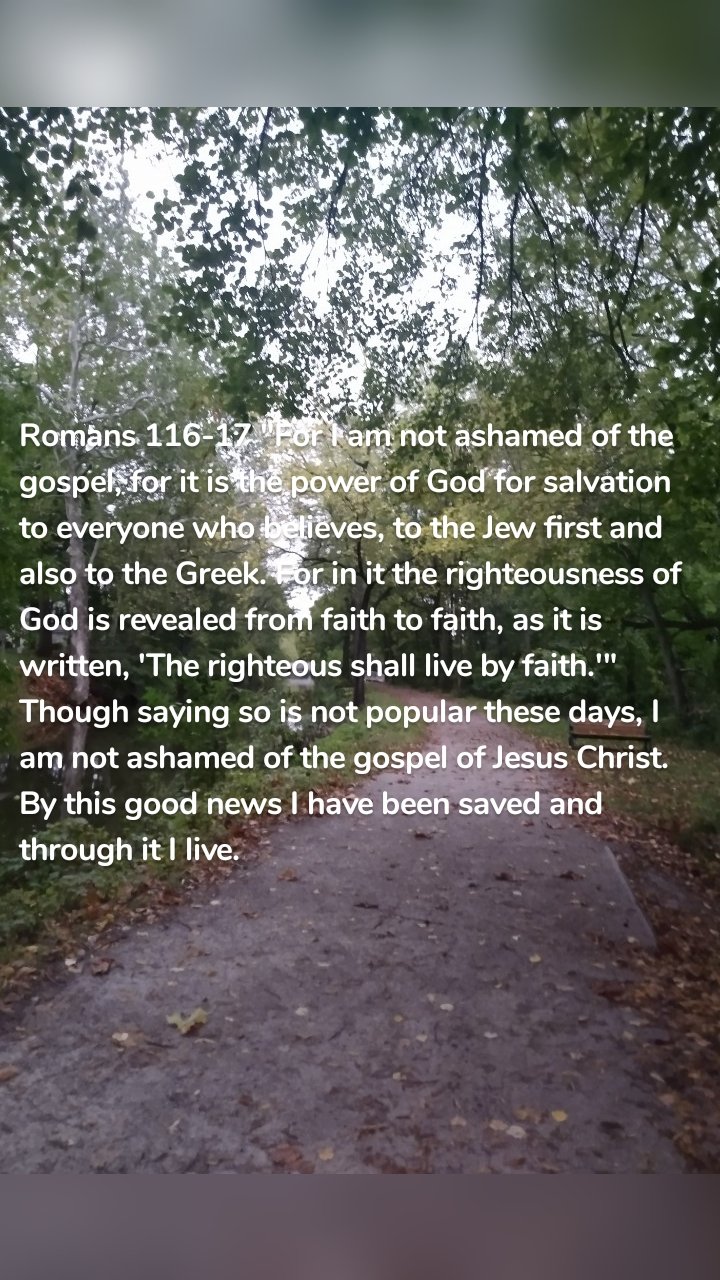 Romans 116-17 "For I am not ashamed of the gospel, for it is the power of God for salvation to everyone who believes, to the Jew first and also to the Greek. For in it the righteousness of God is revealed from faith to faith, as it is written, 'The righteous shall live by faith.'" Though saying so is not popular these days, I am not ashamed of the gospel of Jesus Christ. By this good news I have been saved and through it I live.