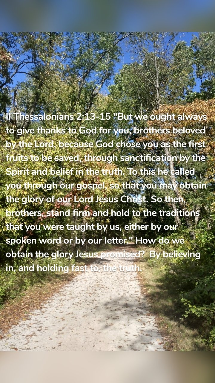 II Thessalonians 2:13-15 "But we ought always to give thanks to God for you, brothers beloved by the Lord, because God chose you as the first fruits to be saved, through sanctification by the Spirit and belief in the truth. To this he called you through our gospel, so that you may obtain the glory of our Lord Jesus Christ. So then, brothers, stand firm and hold to the traditions that you were taught by us, either by our spoken word or by our letter." How do we obtain the glory Jesus promised?  By believing in, and holding fast to, the truth.
