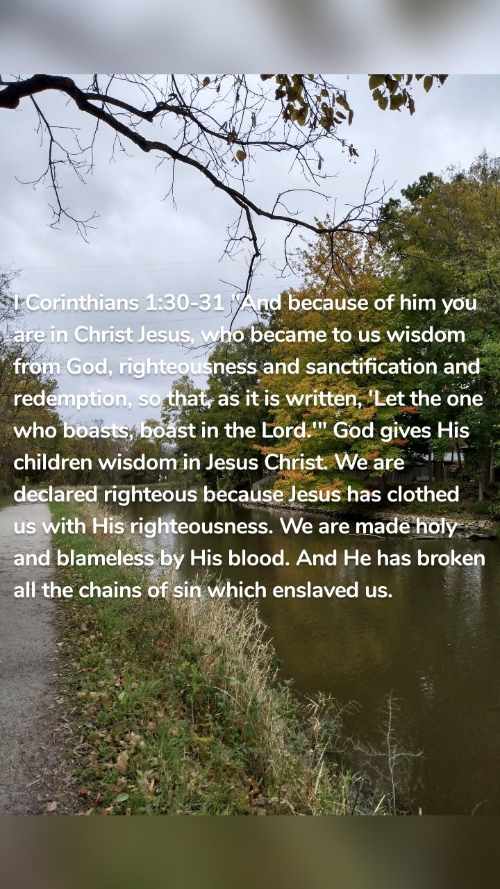 I Corinthians 1:30-31 "And because of him you are in Christ Jesus, who became to us wisdom from God, righteousness and sanctification and redemption, so that, as it is written, 'Let the one who boasts, boast in the Lord.'" God gives His children wisdom in Jesus Christ. We are declared righteous because Jesus has clothed us with His righteousness. We are made holy and blameless by His blood. And He has broken all the chains of sin which enslaved us. 