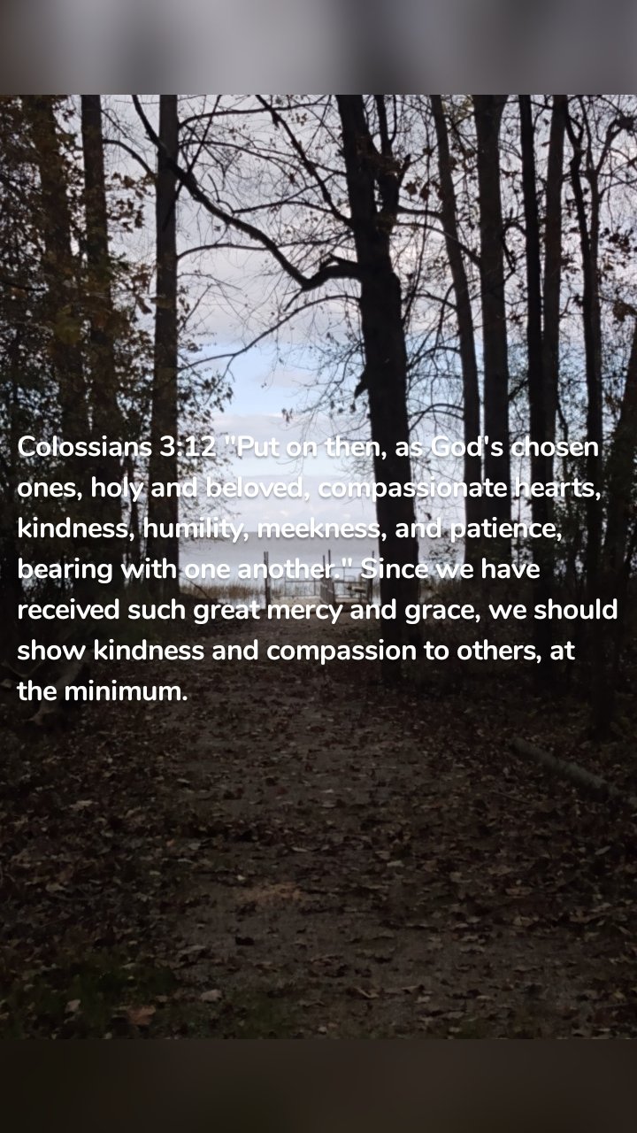 Colossians 3:12 "Put on then, as God's chosen ones, holy and beloved, compassionate hearts, kindness, humility, meekness, and patience, bearing with one another." Since we have received such great mercy and grace, we should show kindness and compassion to others, at the minimum. 