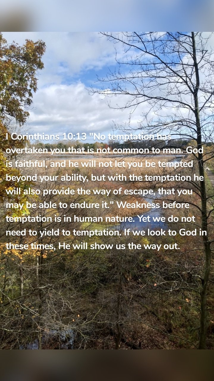 I Corinthians 10:13 "No temptation has overtaken you that is not common to man. God is faithful, and he will not let you be tempted beyond your ability, but with the temptation he will also provide the way of escape, that you may be able to endure it." Weakness before temptation is in human nature. Yet we do not need to yield to temptation. If we look to God in these times, He will show us the way out. 