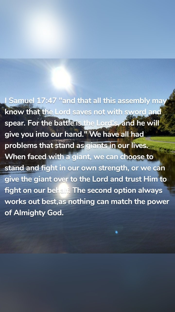 I Samuel 17:47 "and that all this assembly may know that the Lord saves not with sword and spear. For the battle is the Lord's, and he will give you into our hand." We have all had problems that stand as giants in our lives. When faced with a giant, we can choose to stand and fight in our own strength, or we can give the giant over to the Lord and trust Him to fight on our behalf. The second option always works out best,as nothing can match the power of Almighty God. 