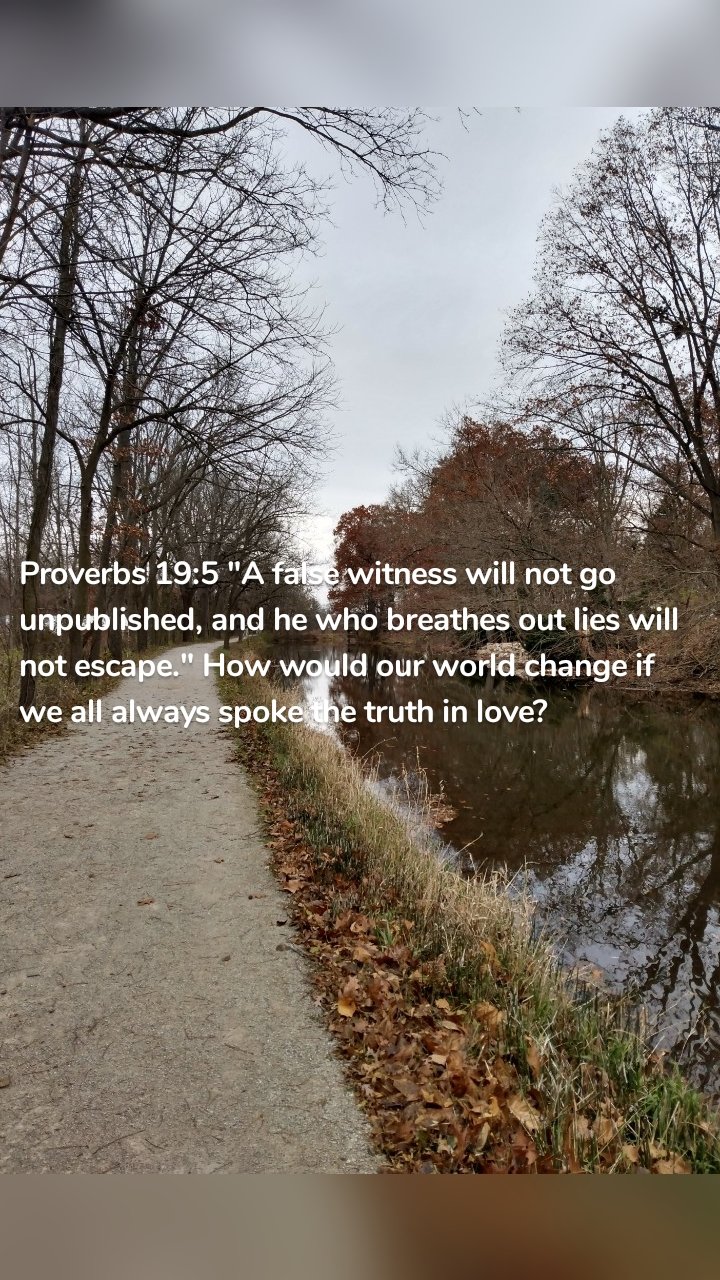 Proverbs 19:5 "A false witness will not go unpublished, and he who breathes out lies will not escape." How would our world change if we all always spoke the truth in love?