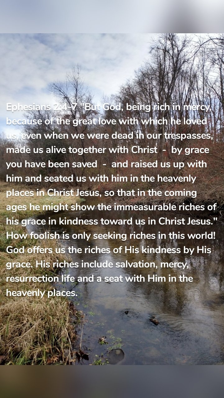 Ephesians 2:4-7 "But God, being rich in mercy, because of the great love with which he loved us, even when we were dead in our trespasses, made us alive together with Christ - by grace you have been saved - and raised us up with him and seated us with him in the heavenly places in Christ Jesus, so that in the coming ages he might show the immeasurable riches of his grace in kindness toward us in Christ Jesus." How foolish is only seeking riches in this world! God offers us the riches of His kindness by His grace. His riches include salvation, mercy, resurrection life and a seat with Him in the heavenly places.