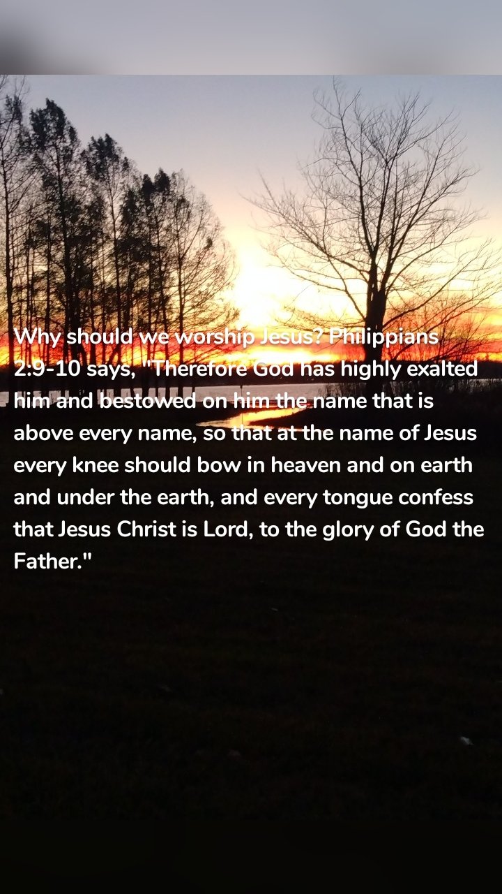 Why should we worship Jesus? Philippians 2:9-10 says, "Therefore God has highly exalted him and bestowed on him the name that is above every name, so that at the name of Jesus every knee should bow in heaven and on earth and under the earth, and every tongue confess that Jesus Christ is Lord, to the glory of God the Father."