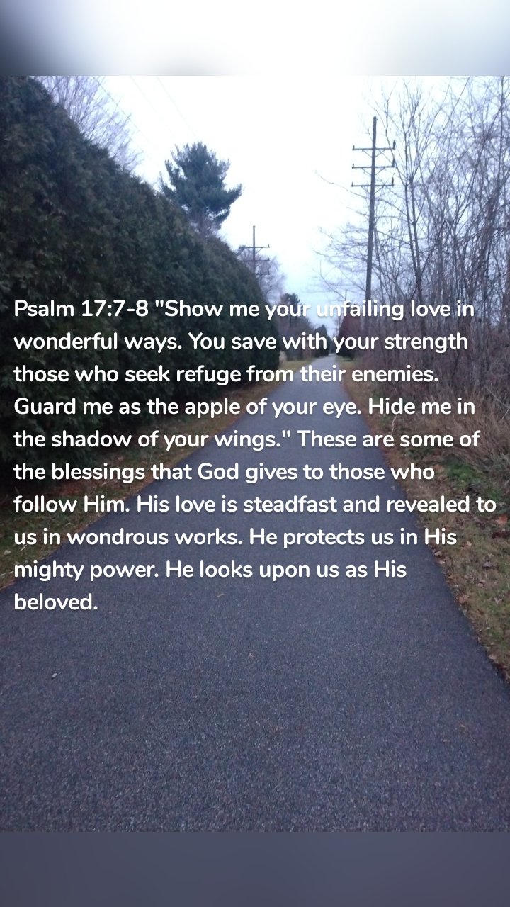 Psalm 17:7-8 "Show me your unfailing love in wonderful ways. You save with your strength those who seek refuge from their enemies. Guard me as the apple of your eye. Hide me in the shadow of your wings." These are some of the blessings that God gives to those who follow Him. His love is steadfast and revealed to us in wondrous works. He protects us in His mighty power. He looks upon us as His beloved.