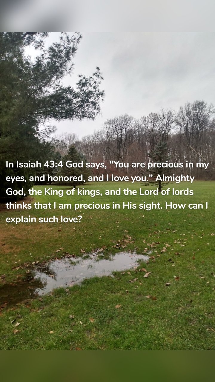 In Isaiah 43:4 God says, "You are precious in my eyes, and honored, and I love you." Almighty God, the King of kings, and the Lord of lords thinks that I am precious in His sight. How can I explain such love?