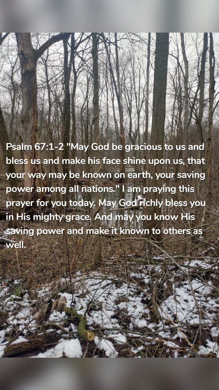 Psalm 67:1-2 "May God be gracious to us and bless us and make his face shine upon us, that your way may be known on earth, your saving power among all nations." I am praying this prayer for you today. May God richly bless you in His mighty grace. And may you know His saving power and make it known to others as well.