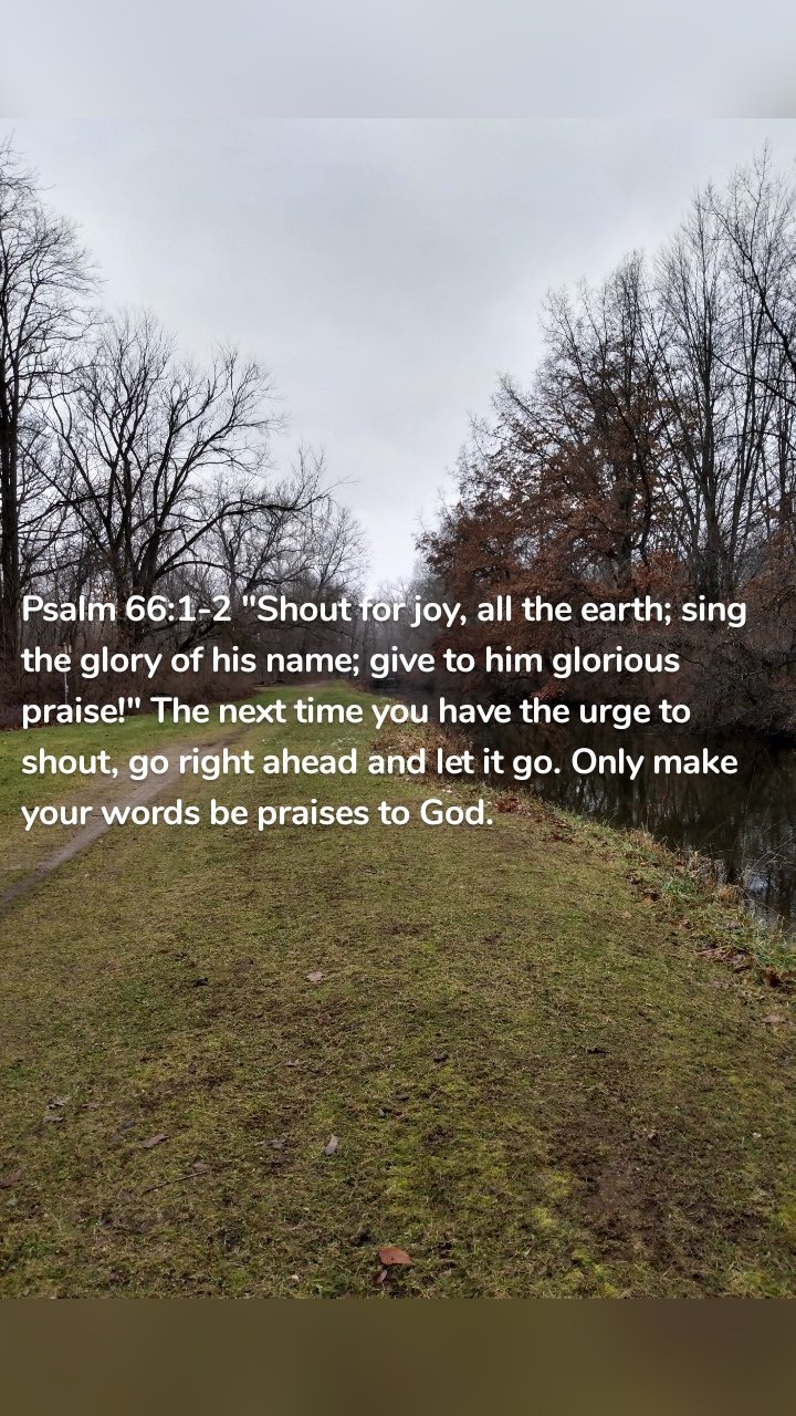 Psalm 66:1-2 "Shout for joy, all the earth; sing the glory of his name; give to him glorious praise!" The next time you have the urge to shout, go right ahead and let it go. Only make your words be praises to God.