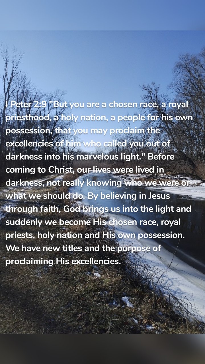 I Peter 2:9 "But you are a chosen race, a royal priesthood, a holy nation, a people for his own possession, that you may proclaim the excellencies of him who called you out of darkness into his marvelous light." Before coming to Christ, our lives were lived in darkness, not really knowing who we were or what we should do. By believing in Jesus through faith, God brings us into the light and suddenly we become His chosen race, royal priests, holy nation and His own possession. We have new titles and the purpose of proclaiming His excellencies. 