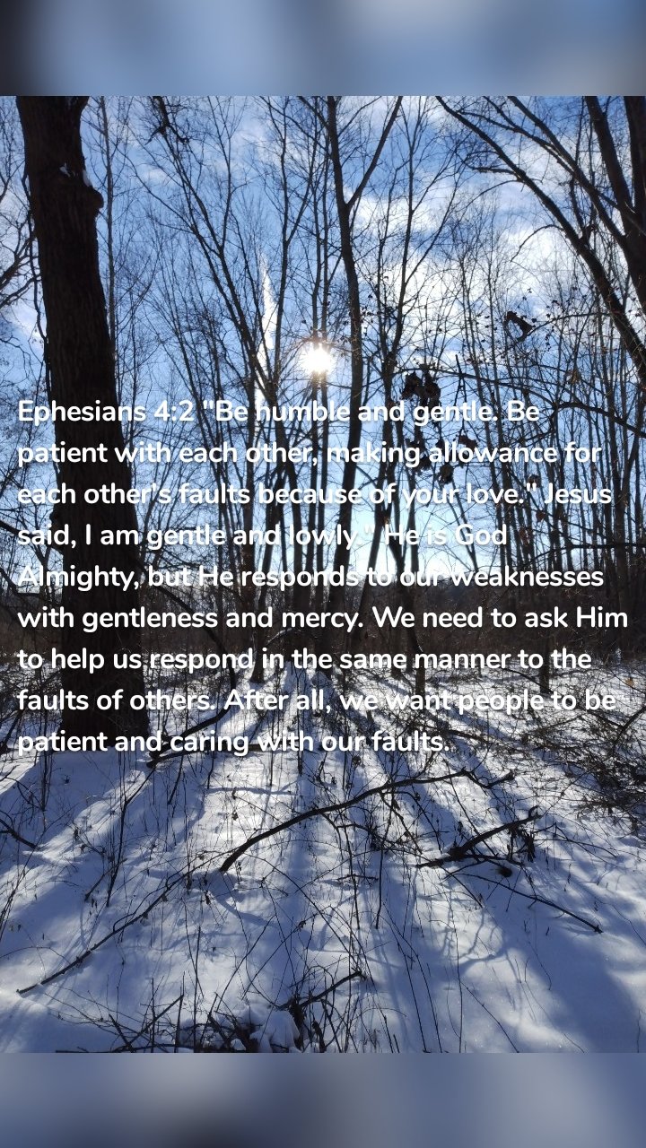 Ephesians 4:2 "Be humble and gentle. Be patient with each other, making allowance for each other's faults because of your love." Jesus said, I am gentle and lowly." He is God Almighty, but He responds to our weaknesses with gentleness and mercy. We need to ask Him to help us respond in the same manner to the faults of others. After all, we want people to be patient and caring with our faults.