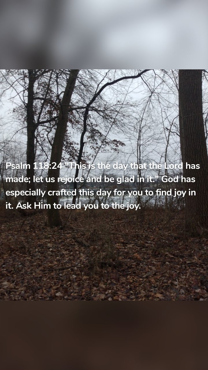 Psalm 118:24 "This is the day that the Lord has made; let us rejoice and be glad in it." God has especially crafted this day for you to find joy in it. Ask Him to lead you to the joy. 