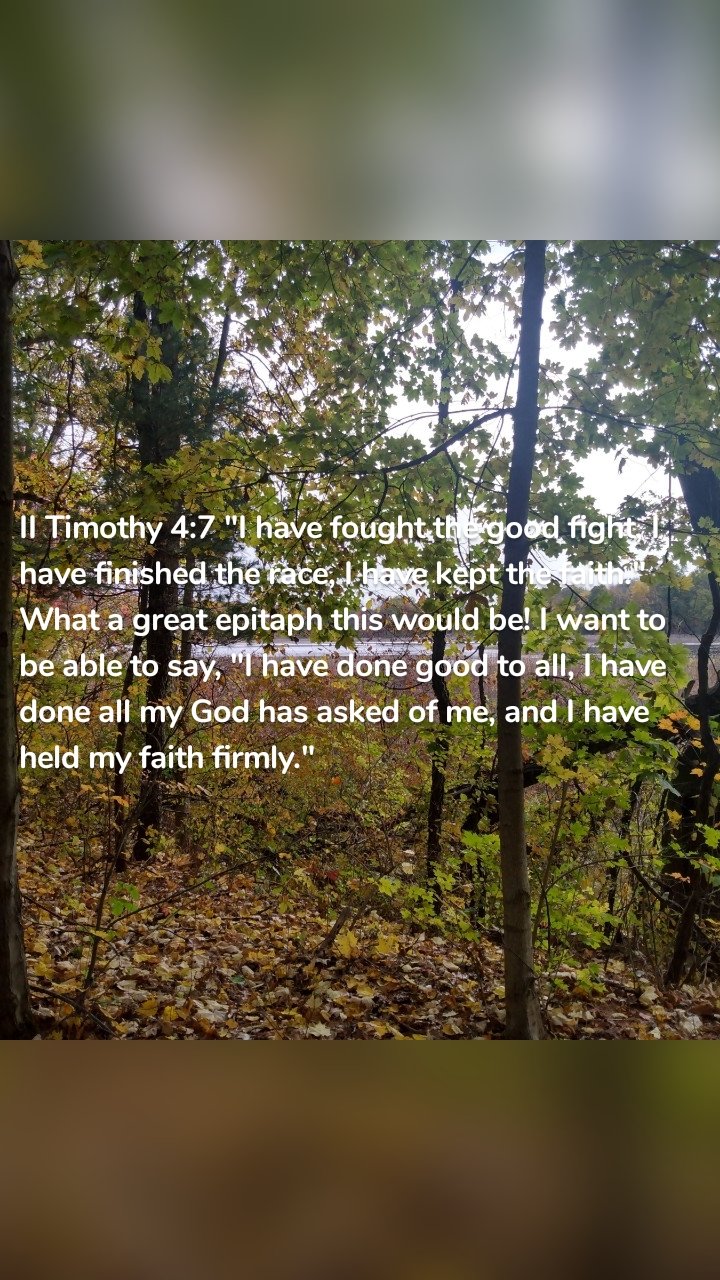 II Timothy 4:7 "I have fought the good fight, I have finished the race, I have kept the faith." What a great epitaph this would be! I want to be able to say, "I have done good to all, I have done all my God has asked of me, and I have held my faith firmly." 