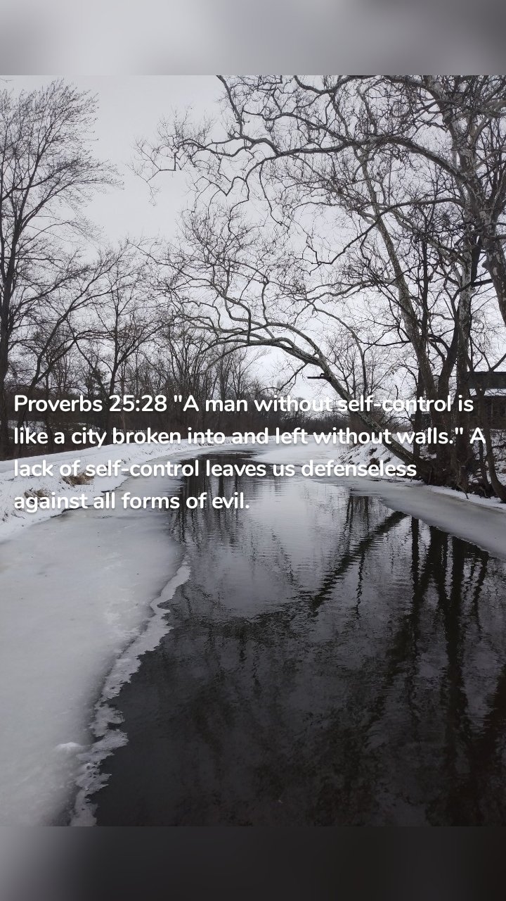 Proverbs 25:28 "A man without self-control is like a city broken into and left without walls." A lack of self-control leaves us defenseless against all forms of evil. 