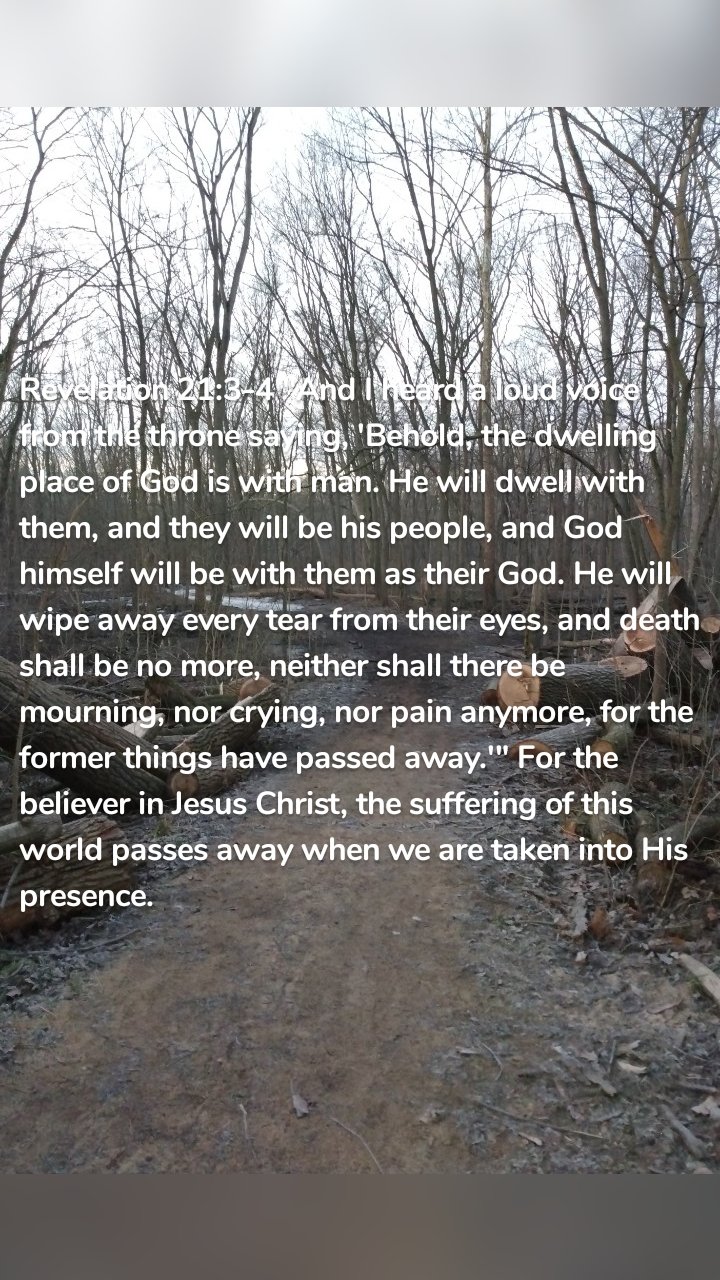 Revelation 21:3-4 "And I heard a loud voice from the throne saying, 'Behold, the dwelling place of God is with man. He will dwell with them, and they will be his people, and God himself will be with them as their God. He will wipe away every tear from their eyes, and death shall be no more, neither shall there be mourning, nor crying, nor pain anymore, for the former things have passed away.'" For the believer in Jesus Christ, the suffering of this world passes away when we are taken into His presence. 