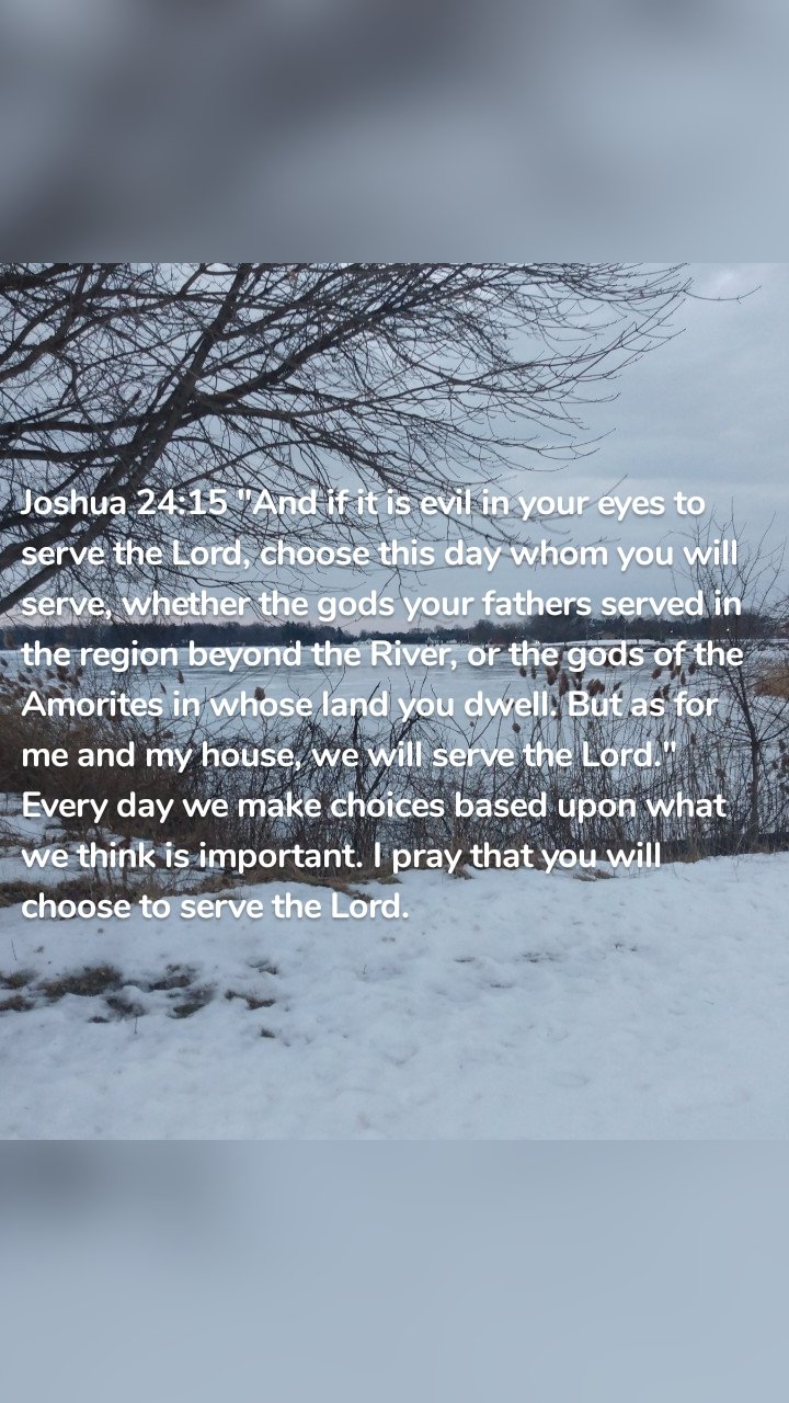 Joshua 24:15 "And if it is evil in your eyes to serve the Lord, choose this day whom you will serve, whether the gods your fathers served in the region beyond the River, or the gods of the Amorites in whose land you dwell. But as for me and my house, we will serve the Lord." Every day we make choices based upon what we think is important. I pray that you will choose to serve the Lord. 
