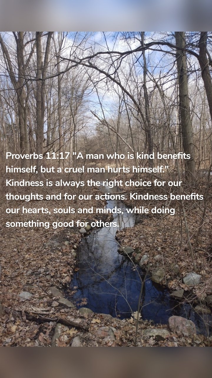 Proverbs 11:17 "A man who is kind benefits himself, but a cruel man hurts himself." Kindness is always the right choice for our thoughts and for our actions. Kindness benefits our hearts, souls and minds, while doing something good for others. 