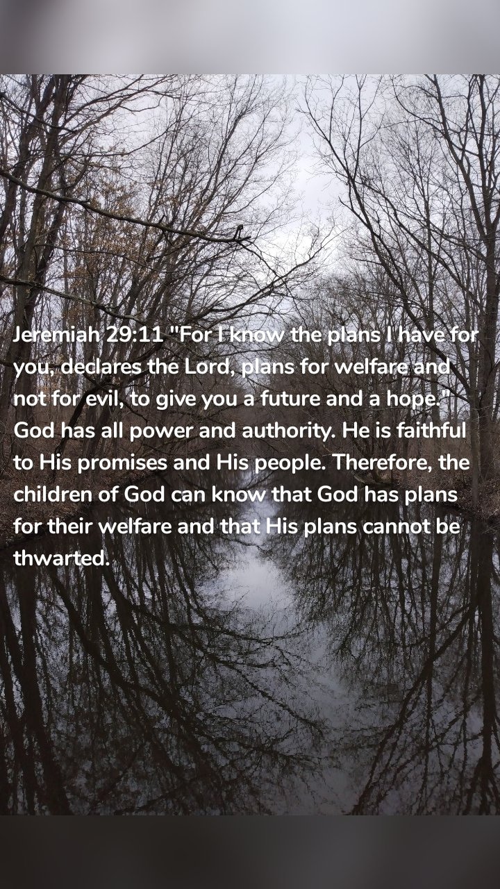Jeremiah 29:11 "For I know the plans I have for you, declares the Lord, plans for welfare and not for evil, to give you a future and a hope." God has all power and authority. He is faithful to His promises and His people. Therefore, the children of God can know that God has plans for their welfare and that His plans cannot be thwarted. 