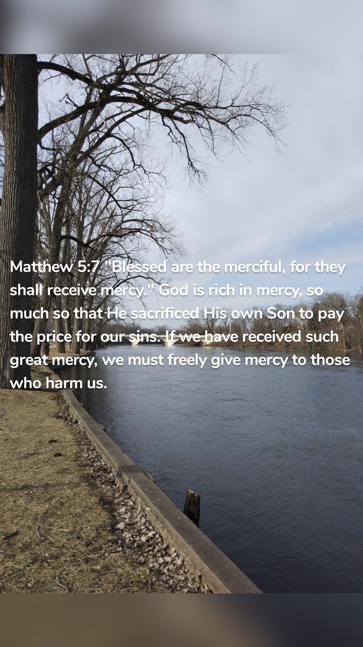 Matthew 5:7 "Blessed are the merciful, for they shall receive mercy." God is rich in mercy, so much so that He sacrificed His own Son to pay the price for our sins. If we have received such great mercy, we must freely give mercy to those who harm us. 
