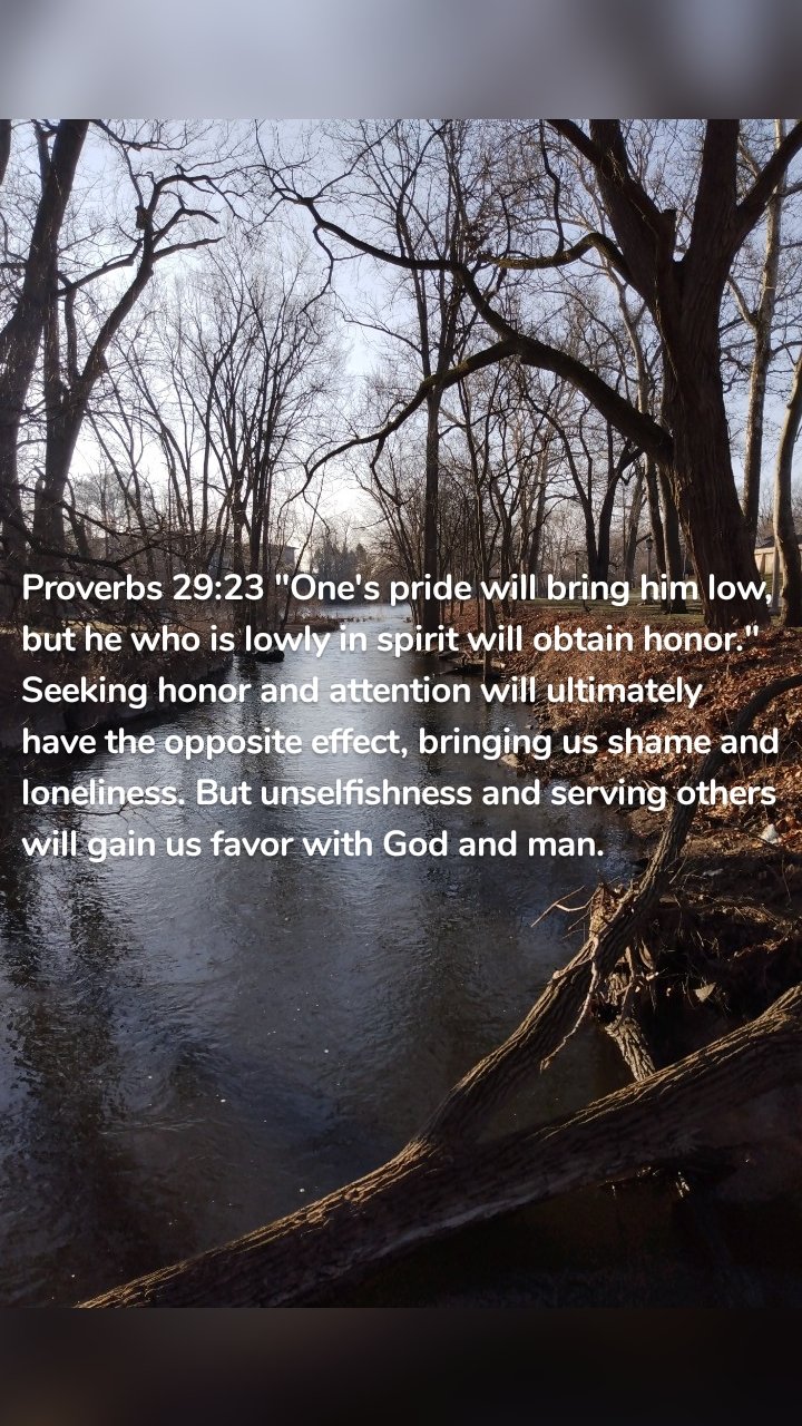 Proverbs 29:23 "One's pride will bring him low, but he who is lowly in spirit will obtain honor." Seeking honor and attention will ultimately have the opposite effect, bringing us shame and loneliness. But unselfishness and serving others will gain us favor with God and man.