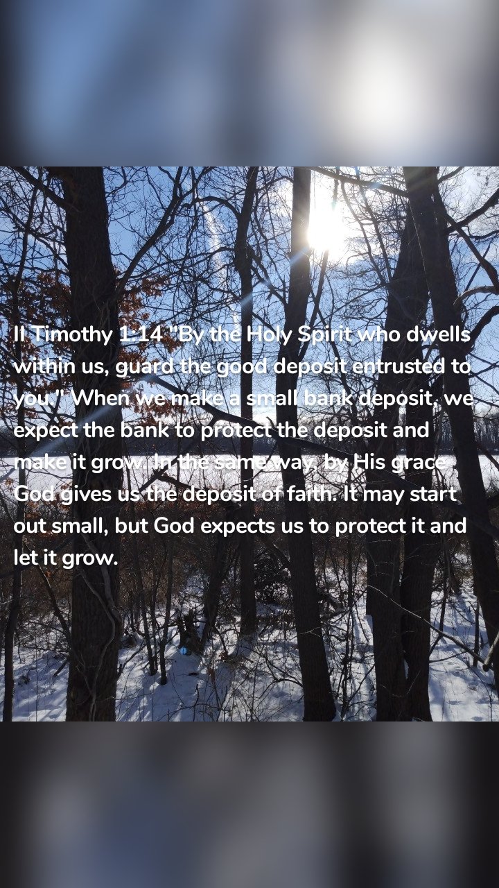 II Timothy 1:14 "By the Holy Spirit who dwells within us, guard the good deposit entrusted to you." When we make a small bank deposit, we expect the bank to protect the deposit and make it grow. In the same way, by His grace God gives us the deposit of faith. It may start out small, but God expects us to protect it and let it grow.