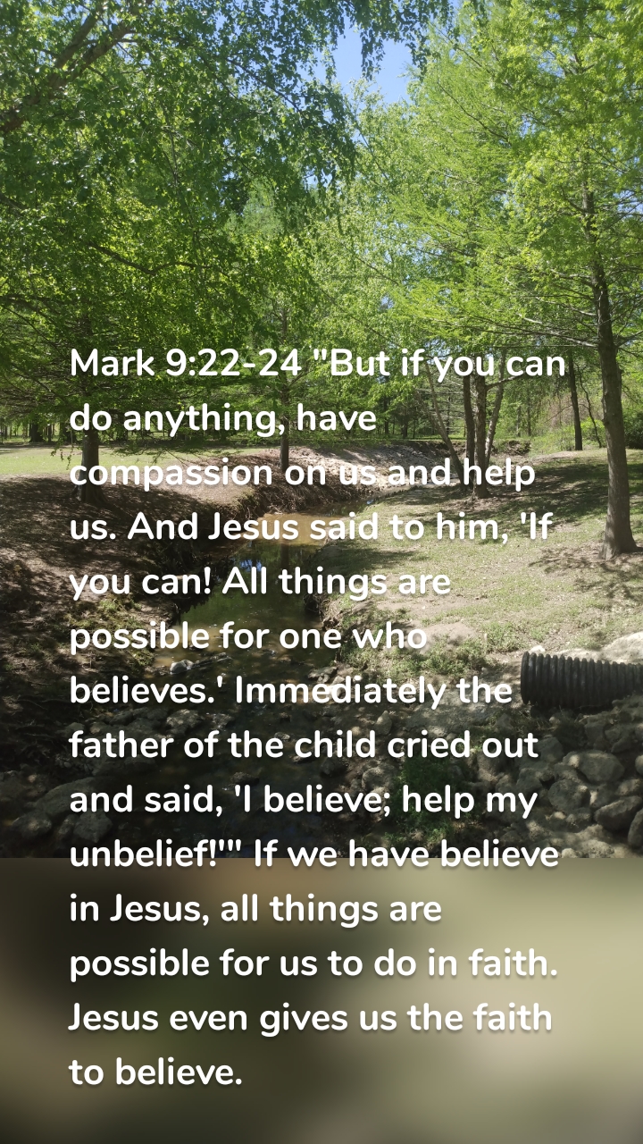 Mark 9:22-24 "But if you can do anything, have compassion on us and help us. And Jesus said to him, 'If you can! All things are possible for one who believes.' Immediately the father of the child cried out and said, 'I believe; help my unbelief!'" If we have believe in Jesus, all things are possible for us to do in faith. Jesus even gives us the faith to believe.