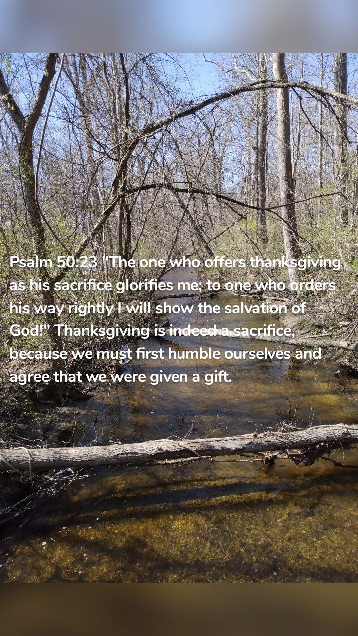 Psalm 50:23 "The one who offers thanksgiving as his sacrifice glorifies me; to one who orders his way rightly I will show the salvation of God!" Thanksgiving is indeed a sacrifice, because we must first humble ourselves and agree that we were given a gift. 